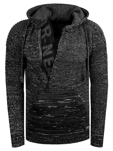 Rusty Neal 1/2 Zip Grobstrick Kontrast Kapuzen-Pullover in Schwarz