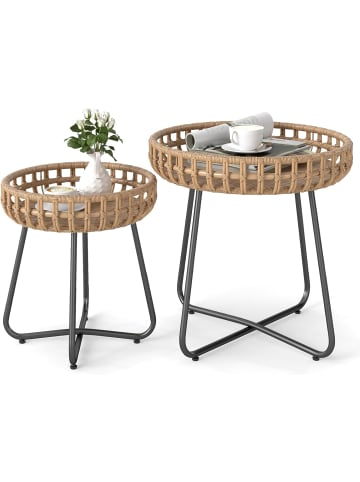 COSTWAY Beistelltisch Garten rund 2er Set in Braun