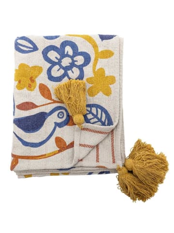 Bloomingville Decke FIGURIA mit Vögeln und Blumen Gelbe Quasten 160x130 cm