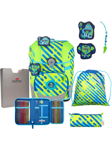 DerDieDas Schulranzen Set 5-tlg. ErgoFlex Tiny NEON Monster in grün-blau