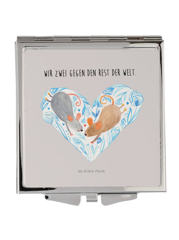 Mr. & Mrs. Panda Handtaschenspiegel quadratisch Mäuse Herz mit S... in Grau Pastell