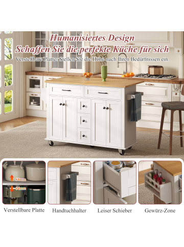 ABRIHOME Kücheninsel in Weiß mit ausklappbarer Arbeitsplatte 120x65 cm  