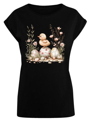 F4NT4STIC Extended Shoulder T-Shirt Ostern Küken Ei Blumen in schwarz