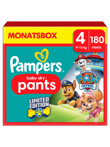 Pampers Monatsbox Pants, "Baby-Dry", Pants Paw Patrol Größe 4, 180 Stück, 9kg - 15kg