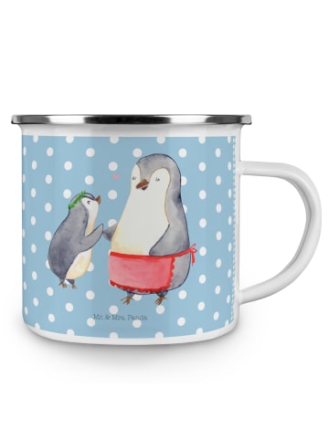 Mr. & Mrs. Panda Camping Emaille Tasse Pinguin mit Kind ohne Spruch in Blau Pastell