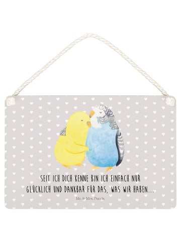 Mr. & Mrs. Panda Wandbild Holz Wellensittich Liebe mit Spruch in Grau Pastell