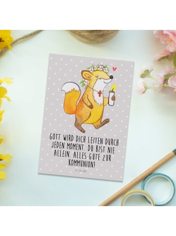 Mr. & Mrs. Panda Postkarte Fuchs Kommunion  mit Spruch in Grau Pastell