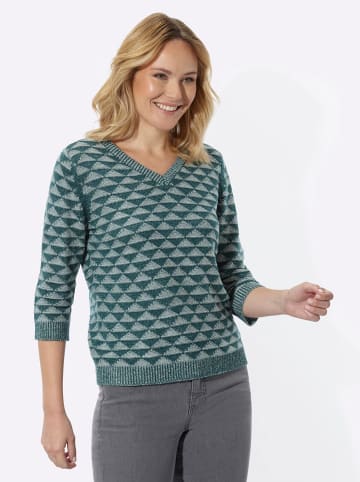 Sieh an! V-Pullover in petrol-ecru-gemustert