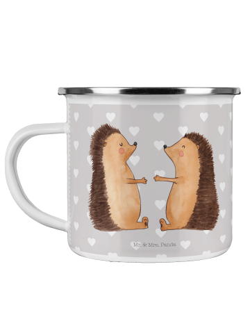 Mr. & Mrs. Panda Camping Emaille Tasse Igel Liebe ohne Spruch in Grau Pastell