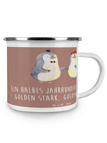 Mr. & Mrs. Panda Camping Emaille Tasse 50. Hochzeitstag Goldene ... in Braun Pastell