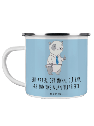 Mr. & Mrs. Panda Camping Emaille Tasse Stiefvater Held mit Spruch in Blau Pastell