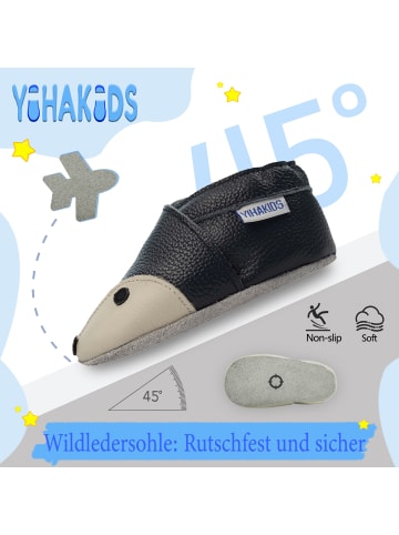 Yihakids Dunkelblaue Baby Leder Krabbelschuhe, mit rutschfester Sohle – Fuchs-Muster
