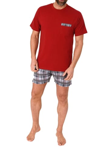 NORMANN Schlafanzug kurzarm Shorty mit karierter Jersey Hose in rot