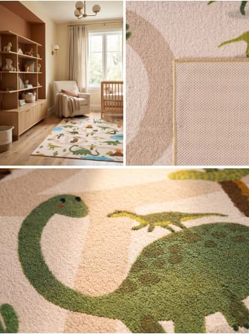 KADIMA DESIGN Kinderteppich Dinosaurier-Landschaft Waschbar TINO OEKO-TEX in Beige