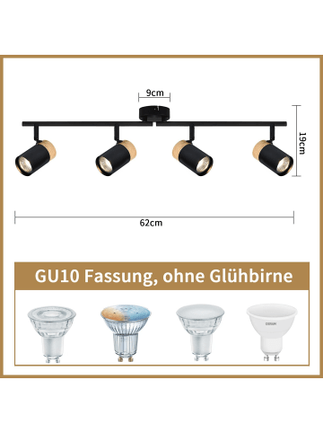 ZMH Deckenleuchte in Schwarz 4-flammige GU10 Holz Schwenkbar