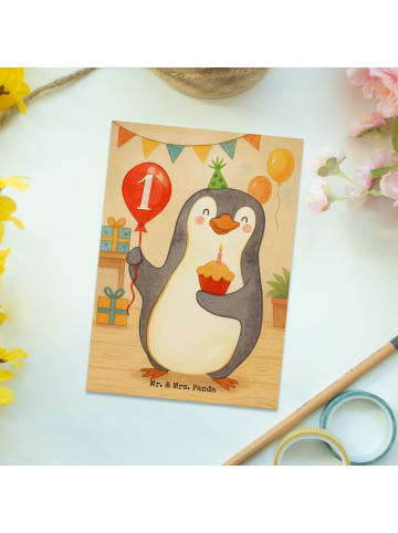 Mr. & Mrs. Panda Postkarte 1. Geburtstag Pinguin Luftballon Desi... in Weiß