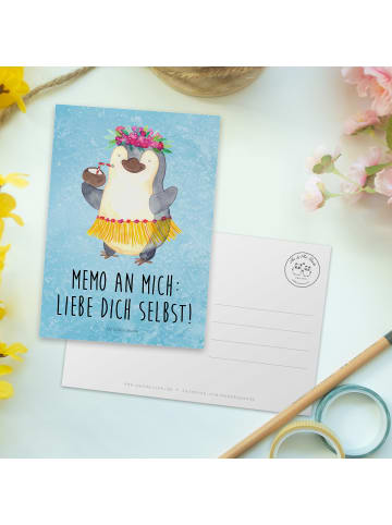 Mr. & Mrs. Panda Postkarte Pinguin Kokosnuss mit Spruch in Eisblau