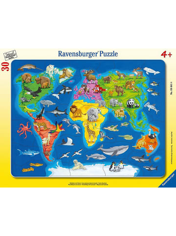 Ravensburger Rahmen-Puzzle, 30 Teile, 32,5x24,5 cm, Weltkarte mit Tieren