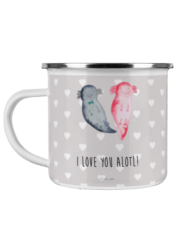 Mr. & Mrs. Panda Camping Emaille Tasse Axolotl Liebe mit Spruch in Grau Pastell