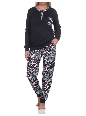 NORMANN Kuschel interlock Schlafanzug langarm Bündchen Animalprint - 81910 in schwarz