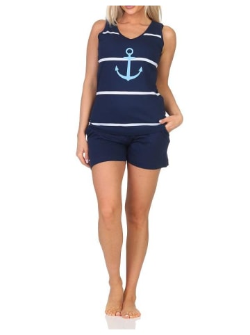 NORMANN Ärmelloser Spaghetti Pyjama Schlafanzug Shorty Maritimer Look - 85418 in marine