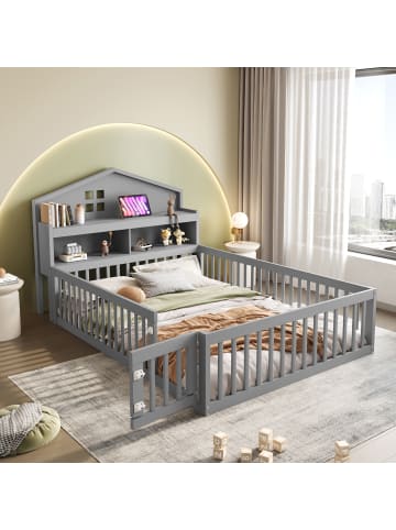 ABRIHOME Kinderbett in Grau 140x200 cm mit Lattenrost Schutzgitter Tür und Stauraum