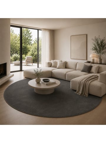 Pergamon Hochflor-Teppich Melia Rund in anthrazit