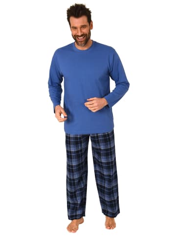 NORMANN Schlafanzug lang Pyjama karierte FlanellHose in blau