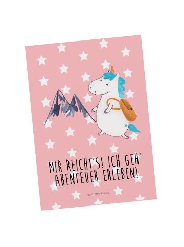 Mr. & Mrs. Panda Ansichtskarte Einhorn Bergsteiger mit Spruch in Rot Pastell