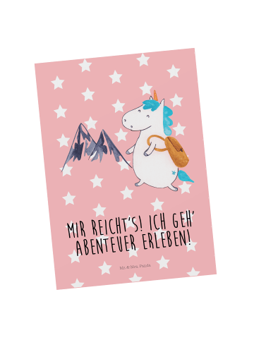 Mr. & Mrs. Panda Postkarte Einhorn Bergsteiger mit Spruch in Rot Pastell