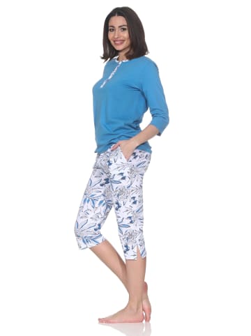 NORMANN Kurzarm Pyjama Caprihose floralem print in blau