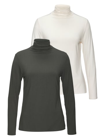 LASCANA Stehkragenshirt in graugrün, creme