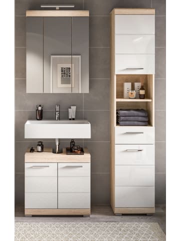 Inn.Furn Badmöbel-Set weiß Hochglanz, Eiche 3-teilig 112 cm, Kombination viel Stauraum