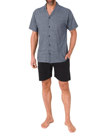 NORMANN Kurzarm Schlafanzug Shorty Pyjama durchknöpfbar in blau