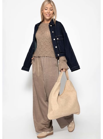 SASSYCLASSY Langarm Spitzenshirt mit Volantärmeln in Taupe