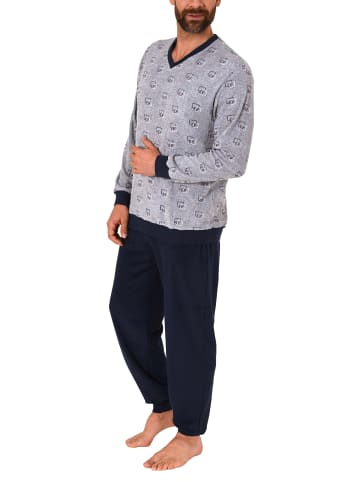 NORMANN Frottee Pyjama Schlafanzug lang Bündchen print in grau