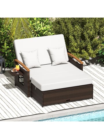 COSTWAY Polyrattan Gartenliege mit ausklappbarem Seitenablage in Beige