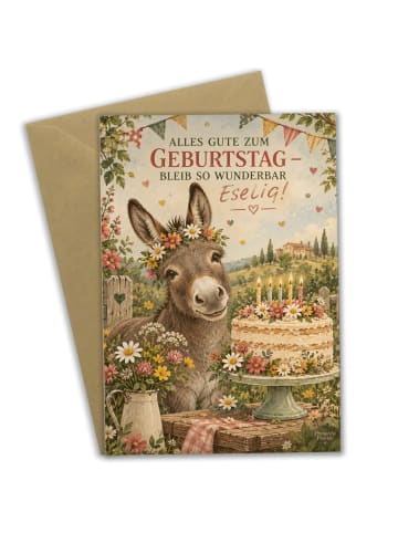 Geburtstagskarte Esel nostalgisch Design mit Sp... in Weiß