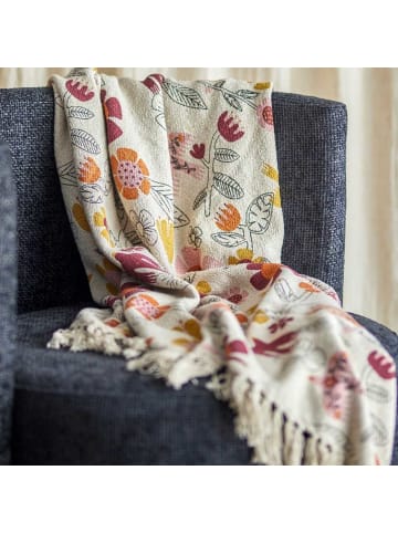 Bloomingville Decke VIVIELLE Natur mit Bunten Blumen und Fransen 160x130 cm