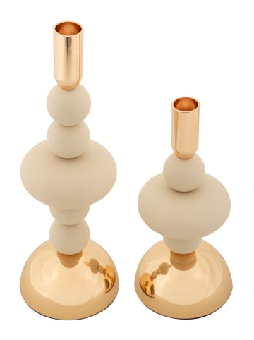 Mauro Ferretti Set aus 2 cremefarbenen und goldfarbenen Kerzenhaltern aus Metall