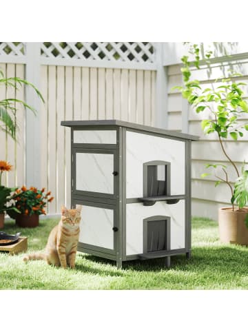 Pawhut Katzenhaus Grau+Weiß Tannenholz