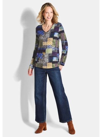 GOLDNER Langarm Viskose-Shirt mit V-Ausschnitt in marine / gemustert