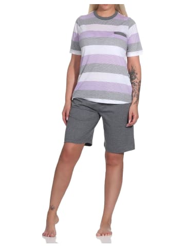 NORMANN kurzarm Shorty Schlafanzug Blockstreifen in flieder