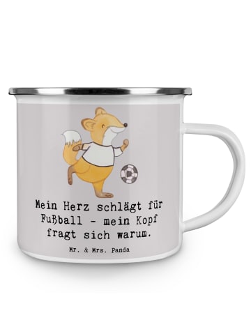 Mr. & Mrs. Panda Camping Emaille Tasse Fußball Liebe mit Spruch in Grau Pastell