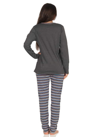 NORMANN Pyjama Kuschelinterlock Hose gestreift Faultier - 48931 in anthrazit-melange