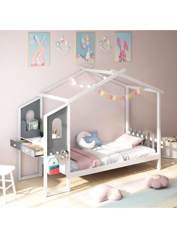 COSTWAY Kinderbett 90x200cm mit Dach & Schreibtisch in Weiß