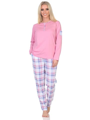 NORMANN Schlafanzug langarm Pyjama karierter Hose Jersey in rosa