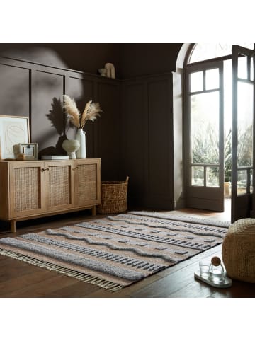 KADIMA DESIGN Teppich Hoch-Tief Struktur Gestreift, Ethno, Fransen in Natur-Grau