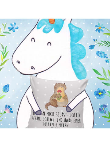 Mr. & Mrs. Panda 40 x 40 Kissen Otter Blumenstrauß mit Spruch in Grau Pastell