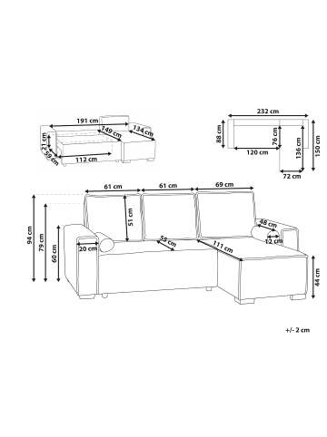 Beliani 3-Sitzer Sofa EDANE in Grau/Schwarz - (W) 232 x (H) 94 x (L) 150 cm linksseitig